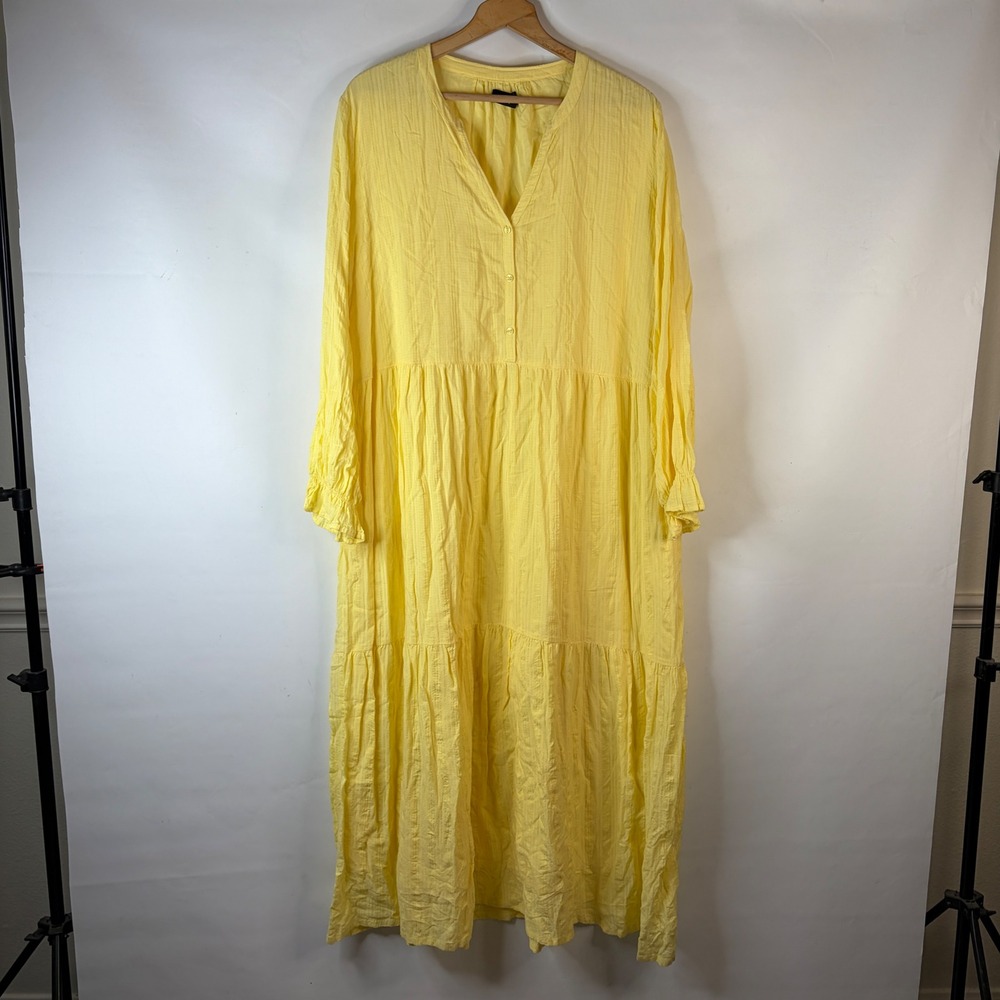 ABLE Maxi Dress Women 1X Yellow Tiered Long Sleeve V-Neck Boho Cotton